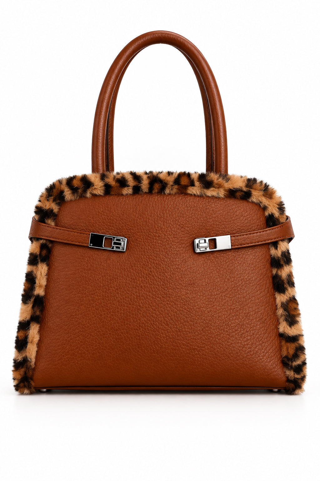 Borsa donna in ecopelle color cuoio con dettagli leopardati