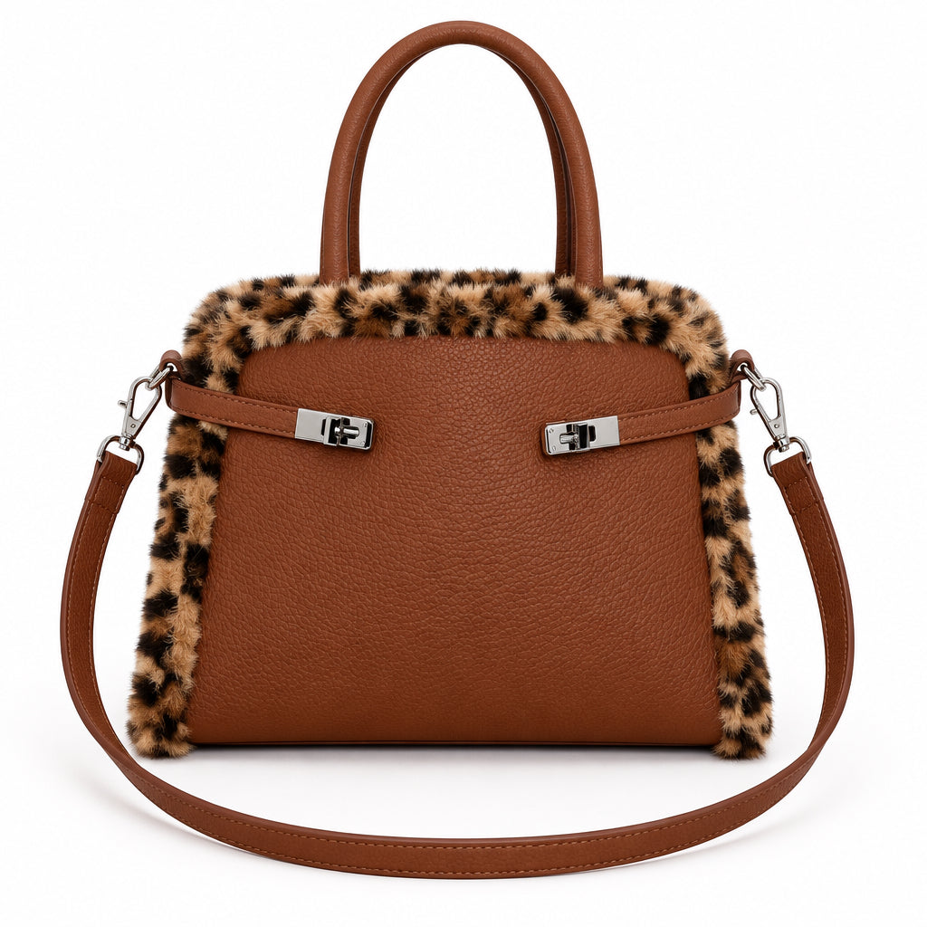 Borsa donna in ecopelle color cuoio con dettagli leopardati