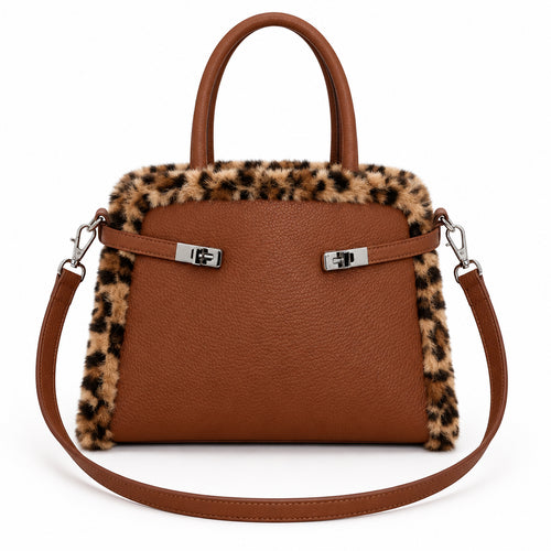 Borsa donna in ecopelle color cuoio con dettagli leopardati