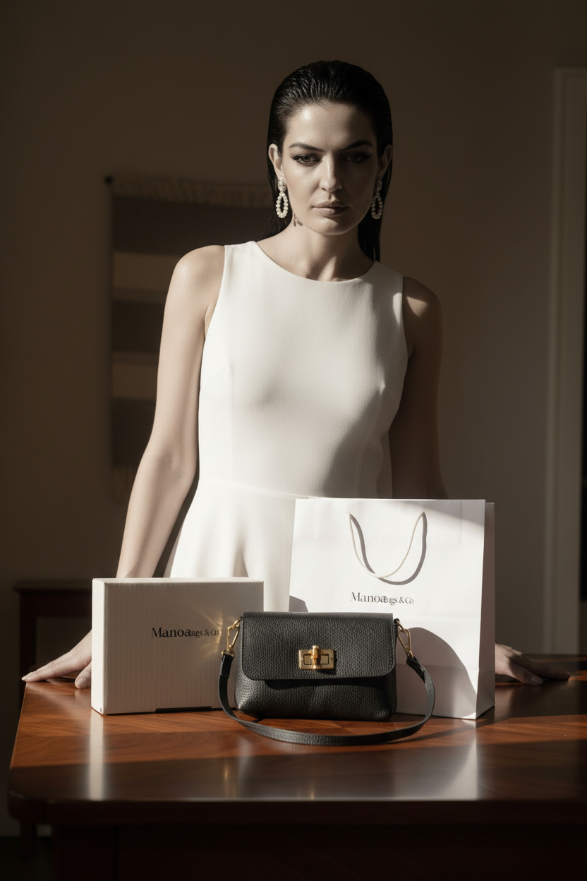 Giulia — Modella con borsa e packaging