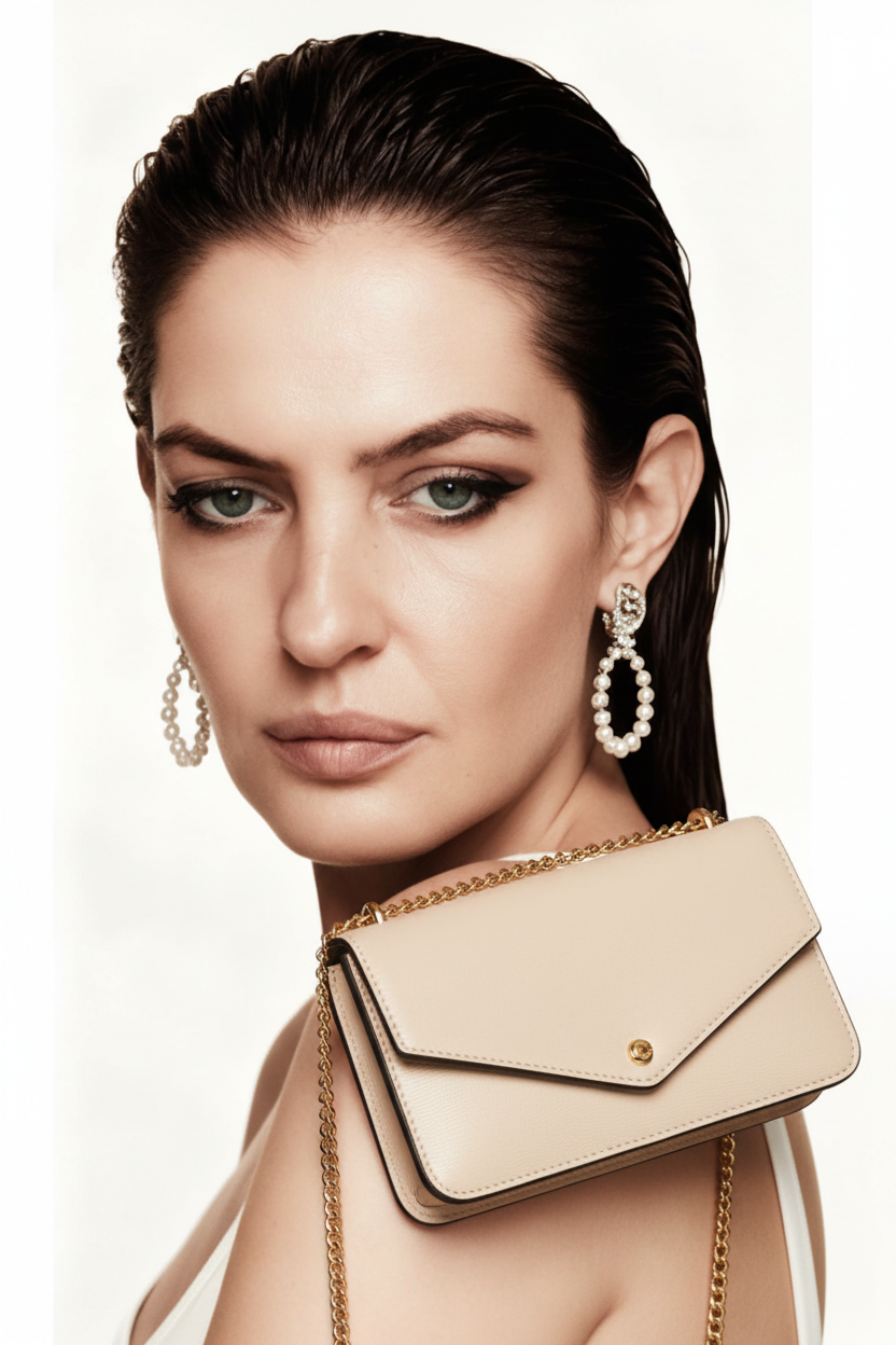 Modella con borsetta beige a tracolla