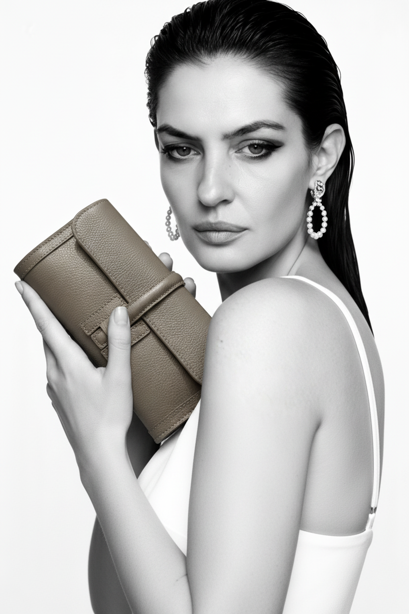 Modella con Pochette Clutch Tortora